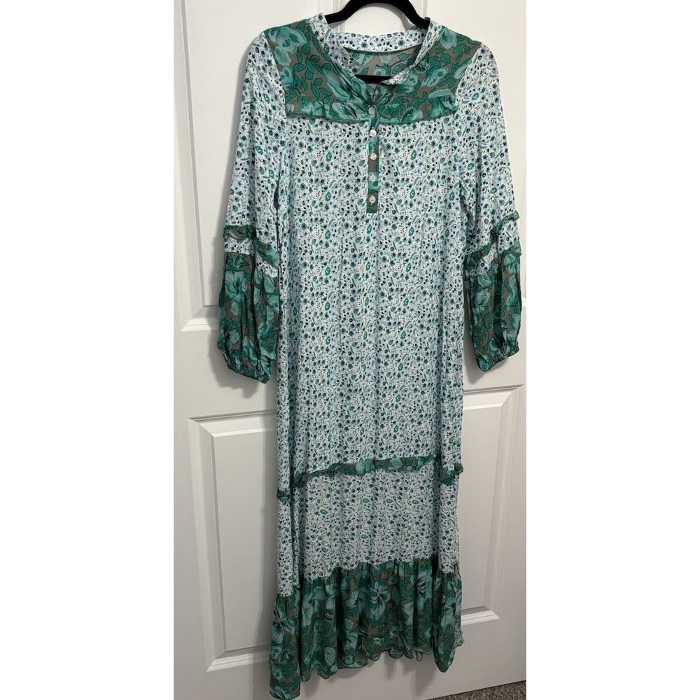 Maxi Tunic Dress S Boho Cottage Core Green Floral Flowy Sleeves 0691
